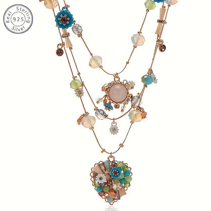 925 Sterling Silver Handmade Multi-Layer Love Beaded Necklace & Earring Set for Women – December Birthstone Jewelry, Elegant Daily & Wedding Gift with Free Gift Box