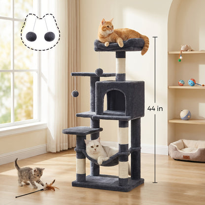 Multi-Level Cat Tree Tower 44-66 Inch with Hammock Sisal Scratching Posts Cozy Cave Perches Anti-Tilt Stable Cat Condo for Multi-Cat Families Kittens & Cats Gift