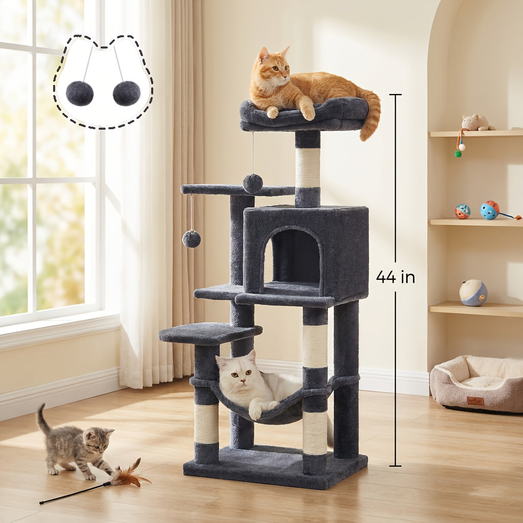 Multi-Level Cat Tree Tower 44-66 Inch with Hammock Sisal Scratching Posts Cozy Cave Perches Anti-Tilt Stable Cat Condo for Multi-Cat Families Kittens & Cats Gift