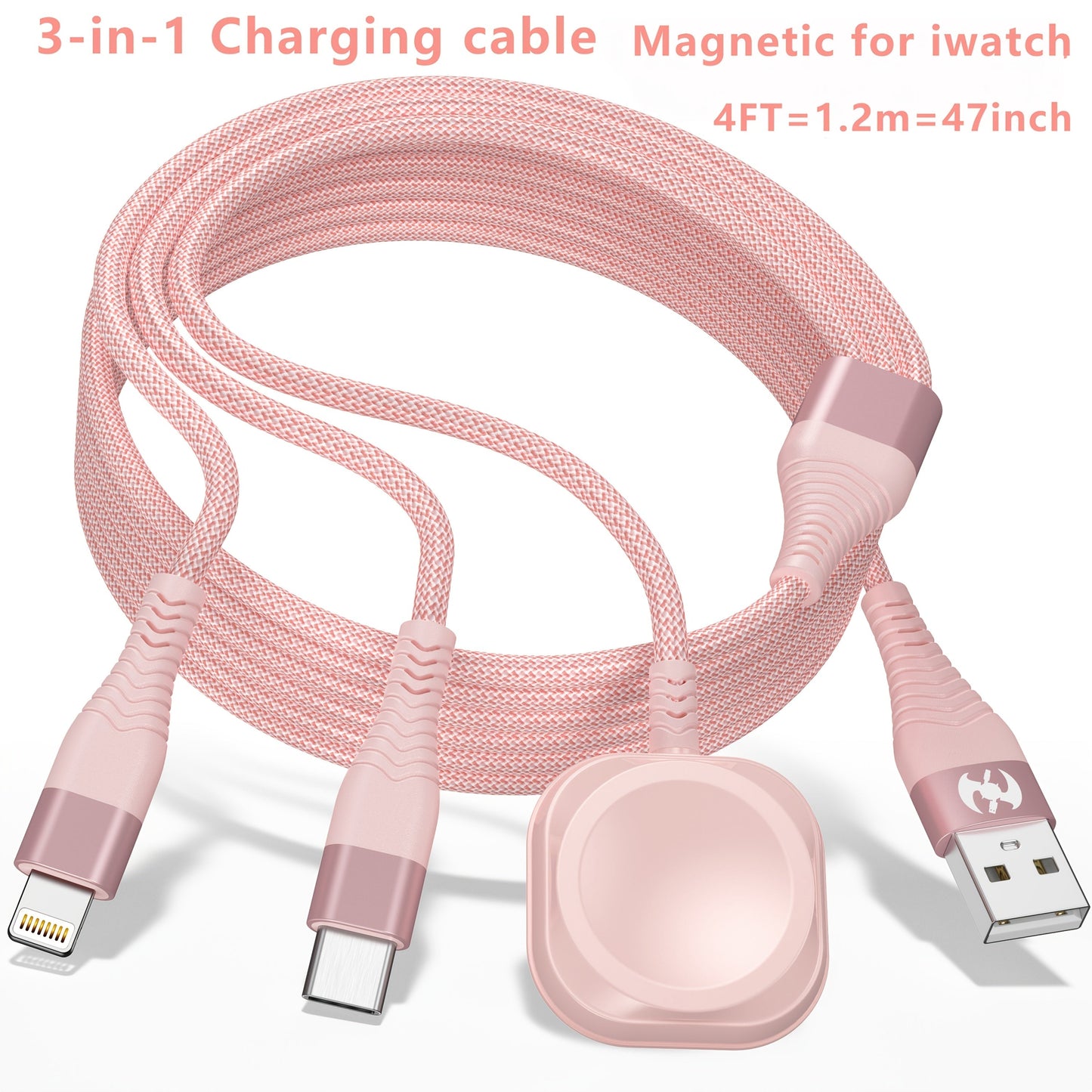 3 in 1 Charging Cable with iWatch Magnetic Charger – Nylon Braided USB-A to Lightning & Type-C Fast Charging Wire, 47 Inch, Compatible with iPhone, Apple Watch Series 1-10 & Android Phones
