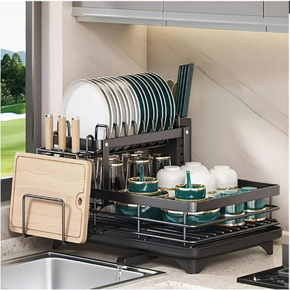 2-Tier Metal Dish Drying Rack with Cutlery Holder, Cup Holder & Rust-Proof Drip Tray – Space-Saving Countertop Dish Drainer for Kitchen Organization, Durable Steel Dish Rack for All Countertop Types
