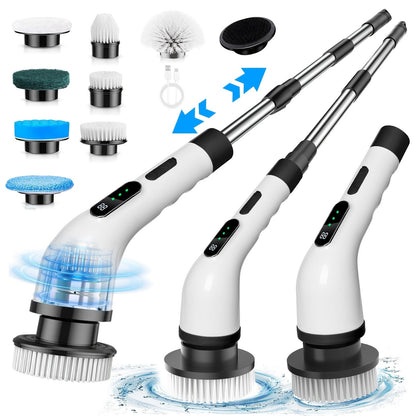 Electric Spin Scrubber with 7 Replaceable Brush Heads – Cordless, Dual Adjustable Speeds, Adjustable Detachable Handle, for Bathroom, Tub, Tile & Floor Cleaning
