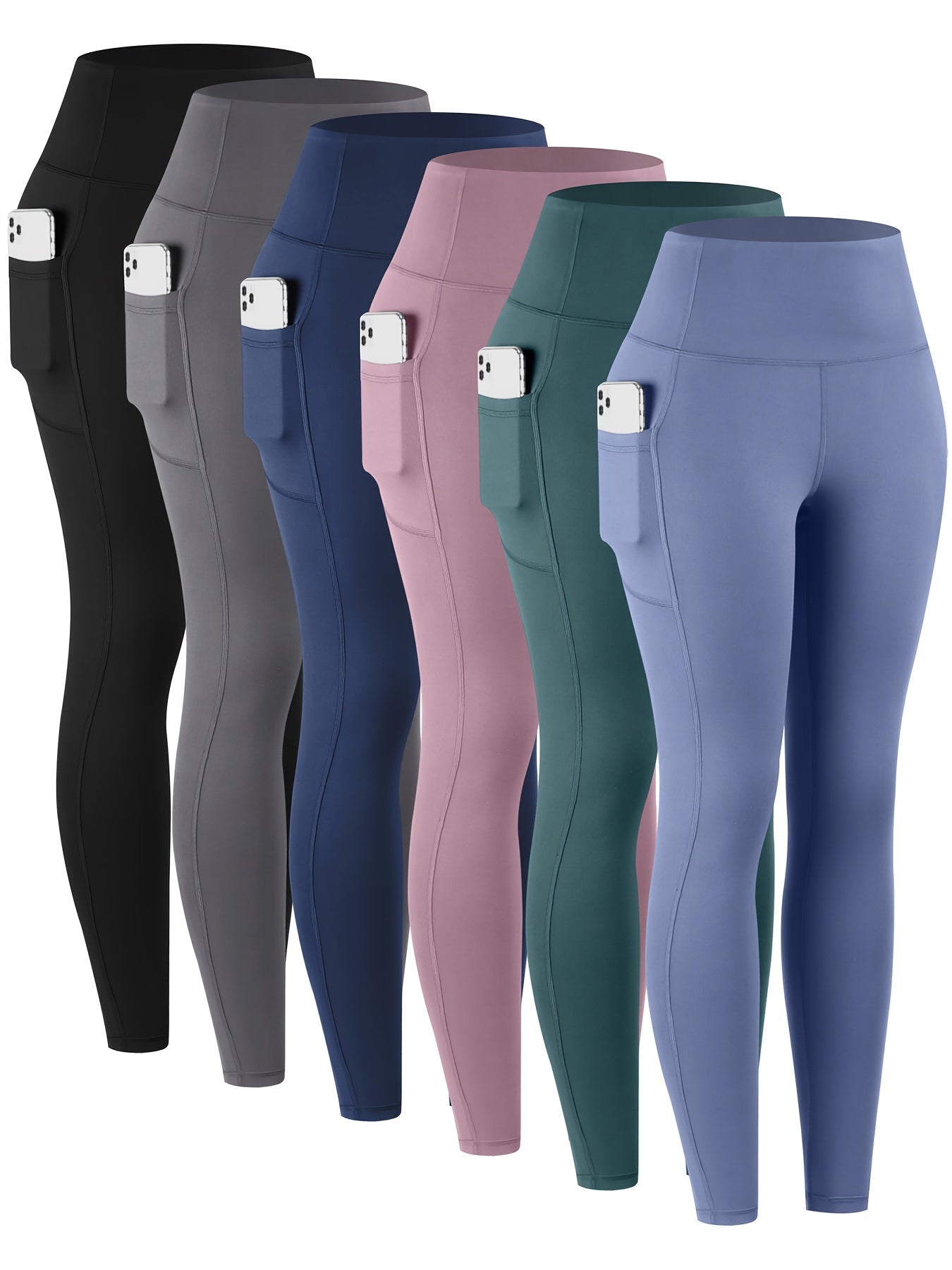 6 Pack Women's High Waist Leggings with Pockets Buttery Soft Tummy Control Yoga Pants Multicolor Sets S-XXL Activewear