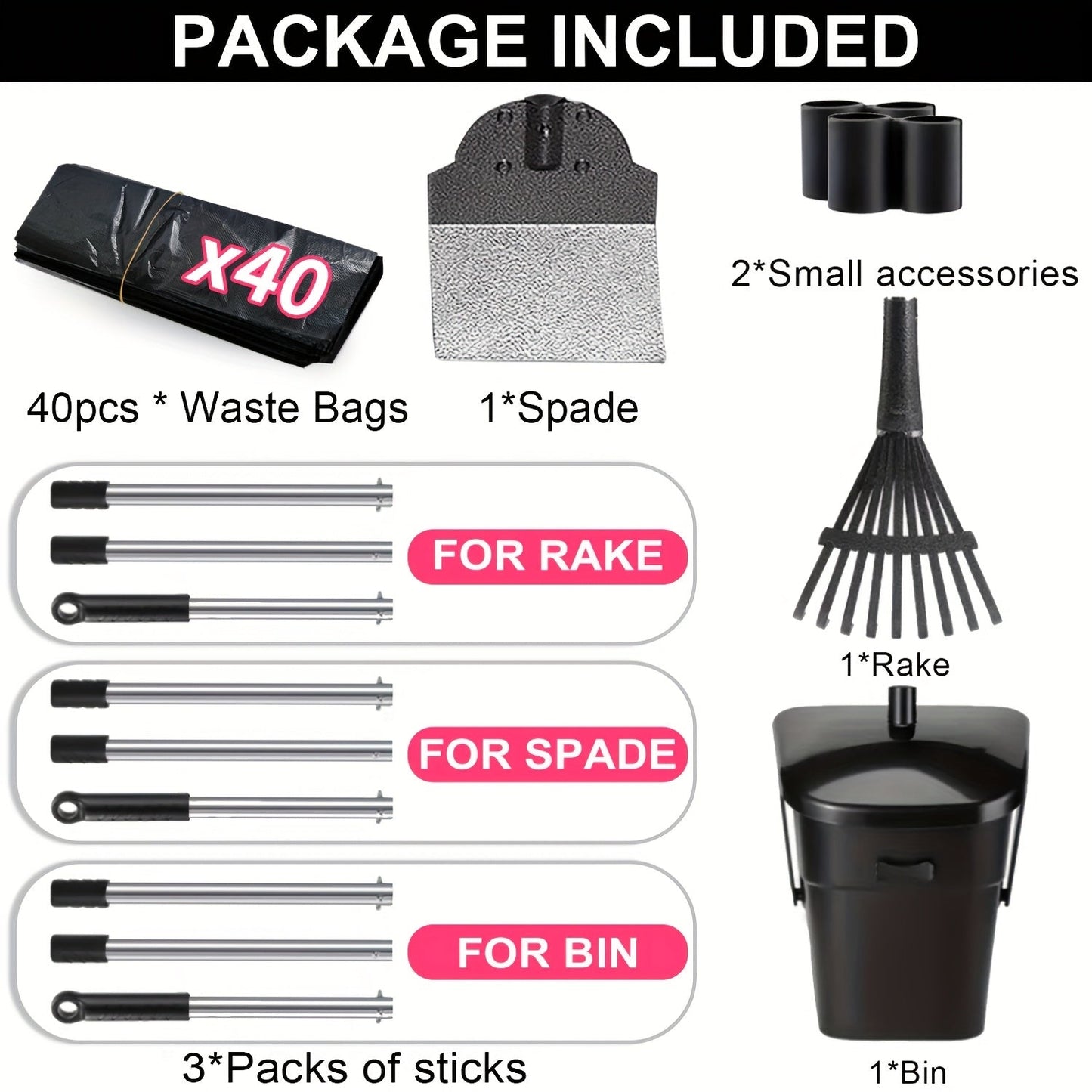 Dog Pooper Scooper Set Heavy Duty with Swivel Bin, Rake & Spade – Long Handle Pet Waste Removal Tool for Grass, Dirt & Gravel, Includes 40 Waste Bags, Great for Large Dogs