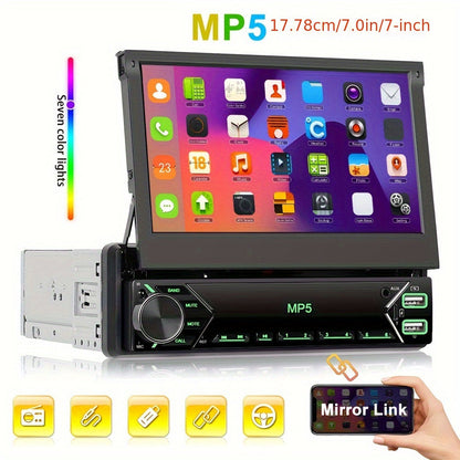 Single DIN Car Stereo 7 Inch HD Retractable Touchscreen – MP5 Player with Mirror Link, Bluetooth, FM Radio, USB, AUX, Colorful Backlight, 45W×4 Amplifier | Velora