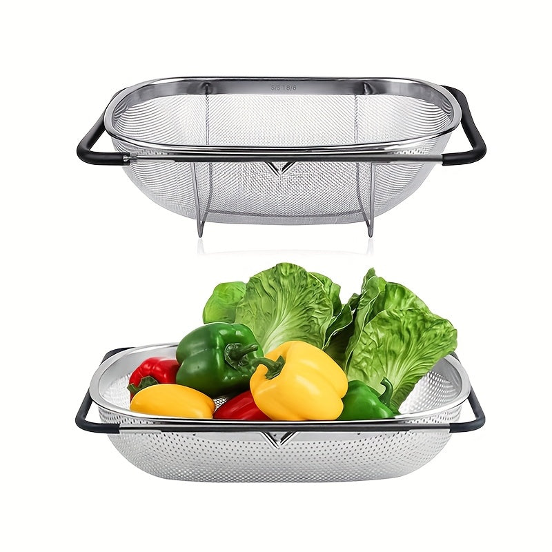 Expandable Stainless Steel Colander Strainer – Fine Mesh Drain Basket for Vegetables Fruits Pasta, Food-Safe Kitchen Essentials, Adjustable Size, Easy Storage
