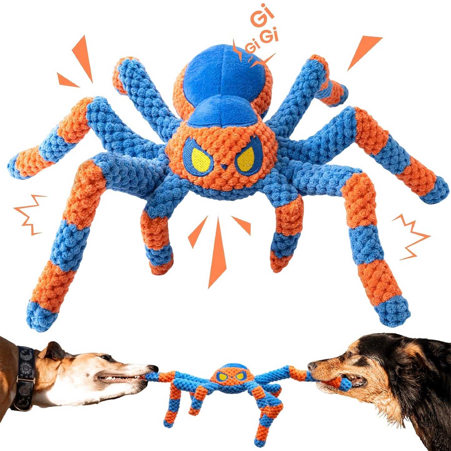 Squeaky Spider Dog Toy for Large Dogs – Interactive Crinkle Tug of War Plush Puppy Toy with Squeaker Head & Crinkle Legs, Keeps Dogs Busy for Hours, No Battery Needed, Blue & Red Spider