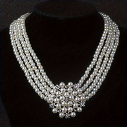 Milky White 4-Row Bead Necklace and Earring Set for Women – Layered Flower Pearl Style Silver Plated Jewelry Set for Wedding Banquet Evening Party Engagement Gift