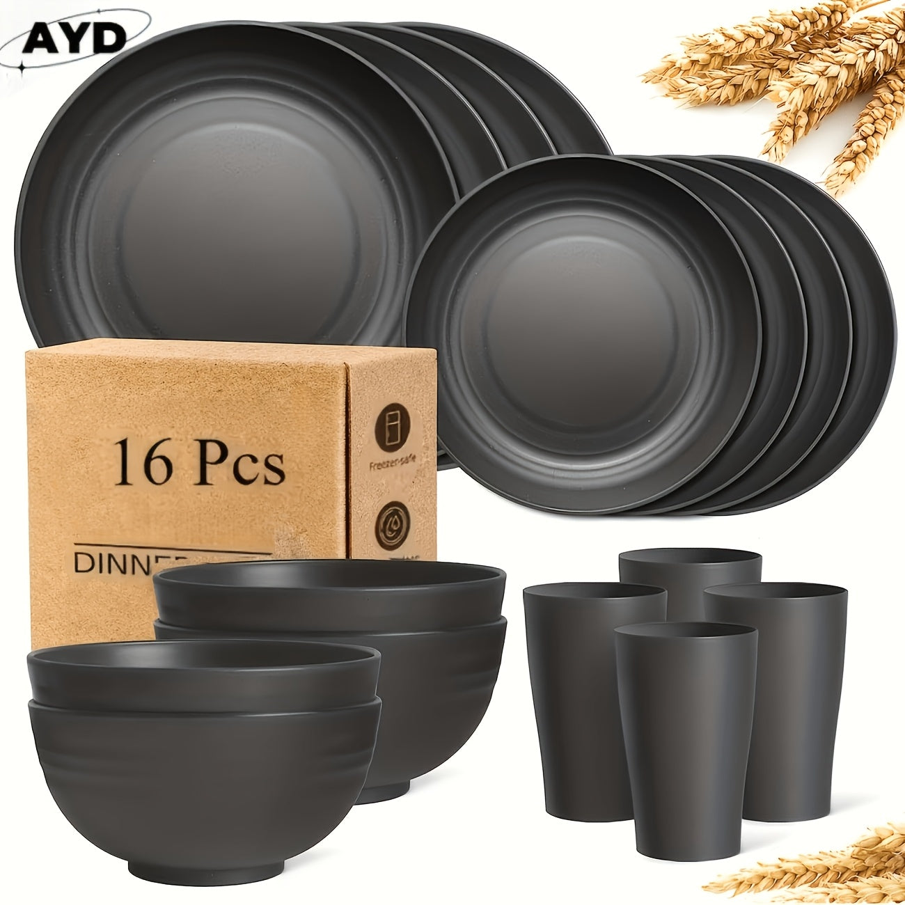 Wheat Straw Dinnerware Set 16 or 32 Piece Unbreakable Lightweight Dish Set with Dinner Plates Dessert Plates Bowls and Cups Dishwasher Microwave Safe Modern Kitchen Tableware Gift for Thanksgiving Christmas