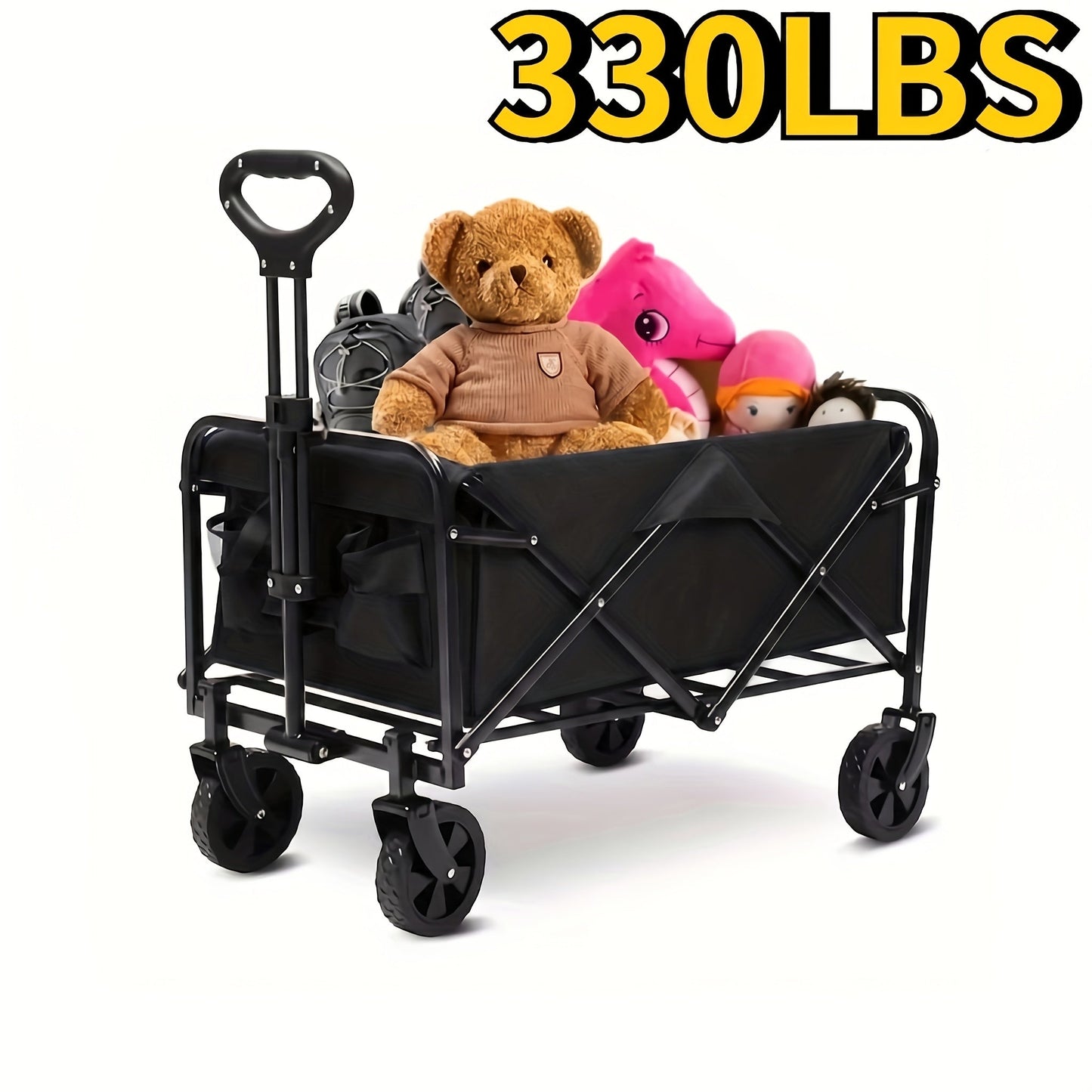 Heavy Duty Folding Wagon Cart 330-450 lbs Capacity, All-Terrain Iron Frame & 800D Oxford Fabric, Foldable Utility Pull Cart No Assembly Required for Camping, Beach, Garden, Sports & Outdoor Use