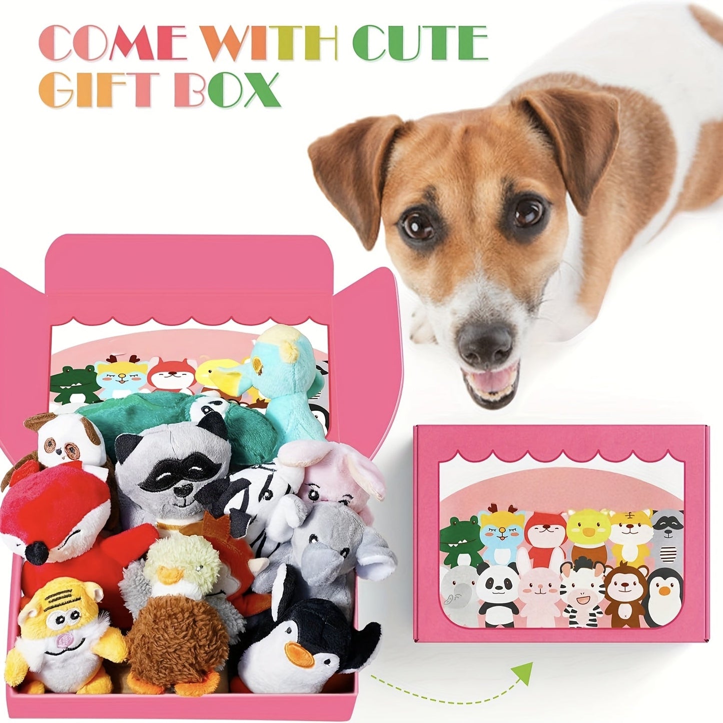 12-Pack Squeaky Stuffed Animal Dog Toys Plush Puppy Toys for Small Medium Dogs - Soft Chew Teething Toys with Gift Box Fox Tiger Rabbit Panda & More