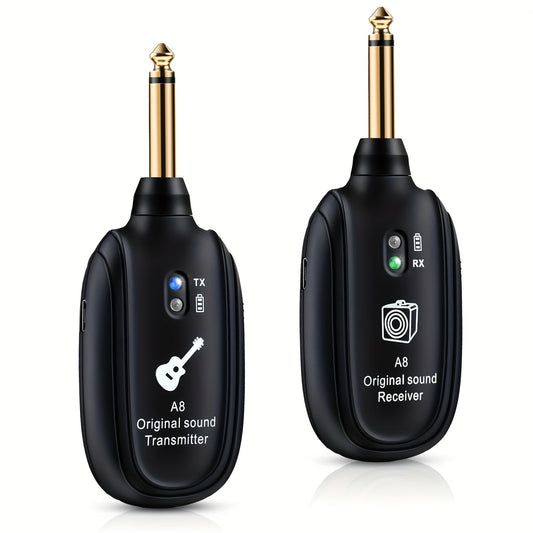 A8 Wireless Guitar System with Built-In Rechargeable Transmitter & Receiver – Stereo Audio, USB Charging, Compatible with Electric Guitar, Bass & Violin, Works with Amplifiers
