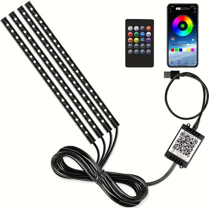 Music Sync LED Car Interior Lights – 4pcs USB Powered RGB Underfoot Ambient Lighting Kit with App & Remote Control, Colorful Atmosphere Lights for Car Truck SUV, No Battery Required