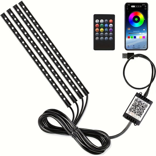 Music Sync LED Car Interior Lights – 4pcs USB Powered RGB Underfoot Ambient Lighting Kit with App & Remote Control, Colorful Atmosphere Lights for Car Truck SUV, No Battery Required