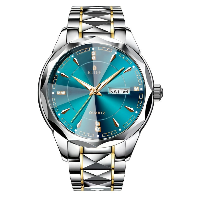 Men's Luxury Quartz Chronograph Watch – Luminous Blue Dial, Stainless Steel Case & Strap, Calendar Date Display, Elegant Business Dress Watch Gift for Him