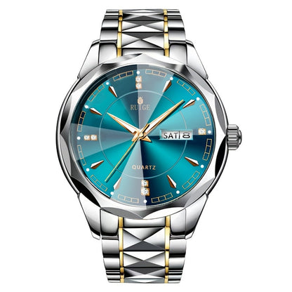 Men's Luxury Quartz Chronograph Watch – Luminous Blue Dial, Stainless Steel Case & Strap, Calendar Date Display, Elegant Business Dress Watch Gift for Him