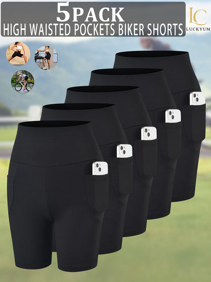 Women's High Waisted Biker Shorts 5 Pack with Pockets | Tummy Control No See-Through Squat-Proof | 6" Inseam Workout Running Yoga Gym Shorts | Soft 4-Way Stretch | XS-XXL Mixed Colors