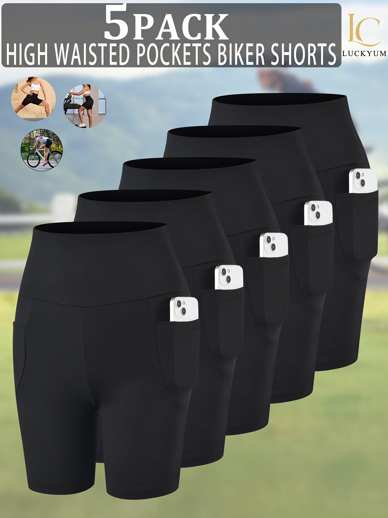 Women's High Waisted Biker Shorts 5 Pack with Pockets | Tummy Control No See-Through Squat-Proof | 6" Inseam Workout Running Yoga Gym Shorts | Soft 4-Way Stretch | XS-XXL Mixed Colors