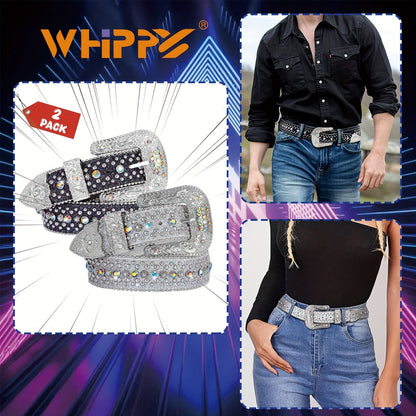 Rhinestone Belt Unisex Western Cowgirl Bling Belt – Sparkling Faux Leather Adjustable Waist Belt with Alloy Buckle for Women Men Sizes S-XL Party Festival Halloween Christmas Gift
