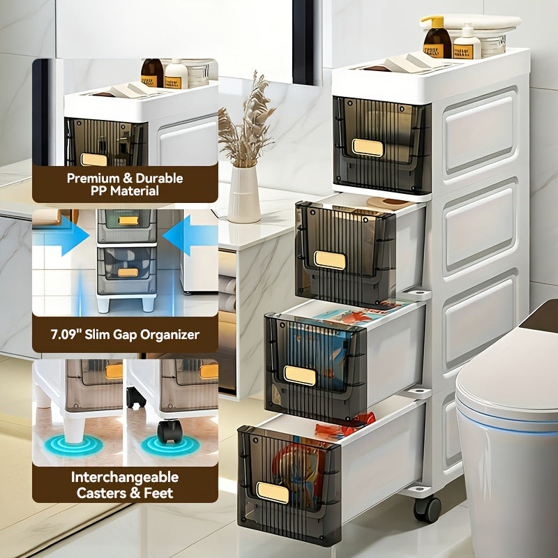 Slim Rolling Storage Cabinet with Drawers and Wheels Waterproof PP Organizer 3 4 5 6 Tier for Bathroom Kitchen Bedroom Small Spaces – Narrow Drawer Unit