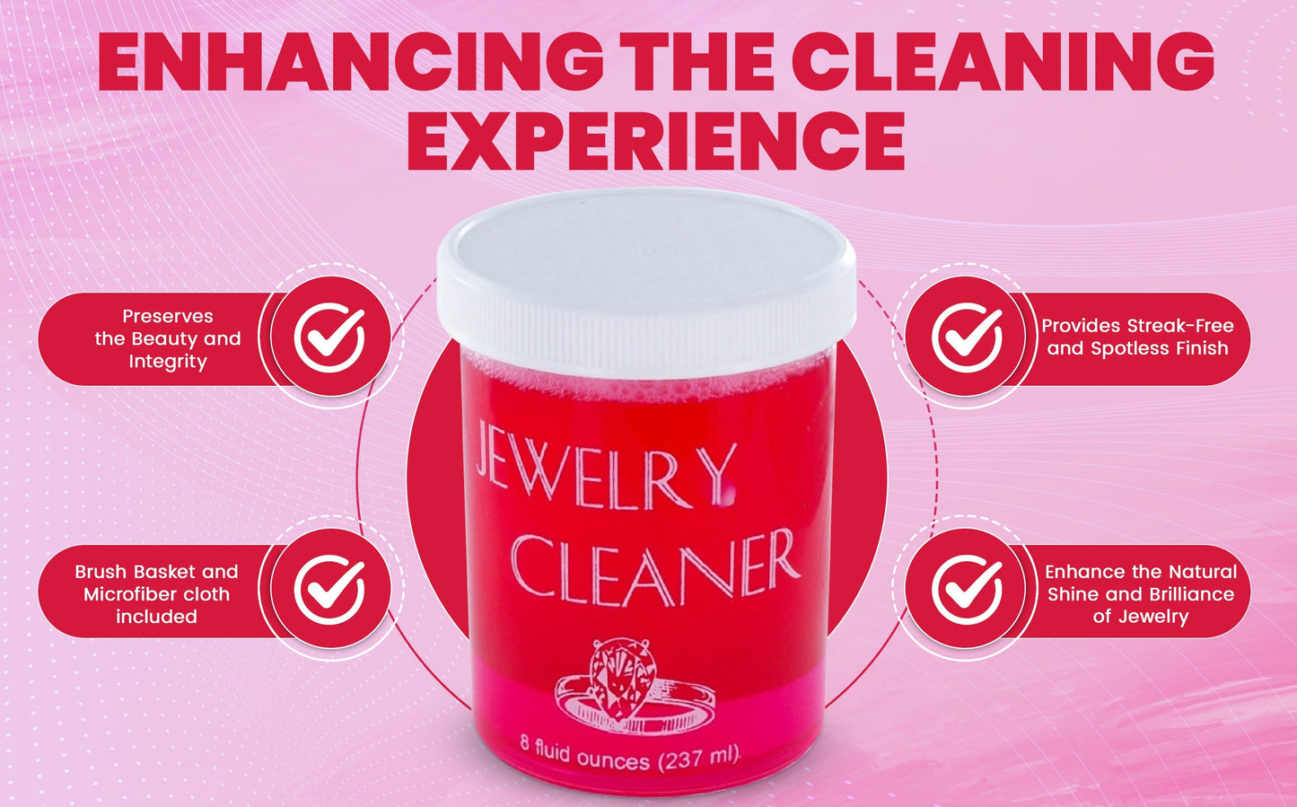 Jewelry Cleaner 8 fl oz for Gold, Silver & Platinum – Fast-Acting Dip Formula, Includes Strainer Basket, Cleaning Brush & Microfiber Cloth – Safe for Stones & Pearls
