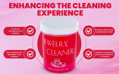 Jewelry Cleaner 8 fl oz for Gold, Silver & Platinum – Fast-Acting Dip Formula, Includes Strainer Basket, Cleaning Brush & Microfiber Cloth – Safe for Stones & Pearls