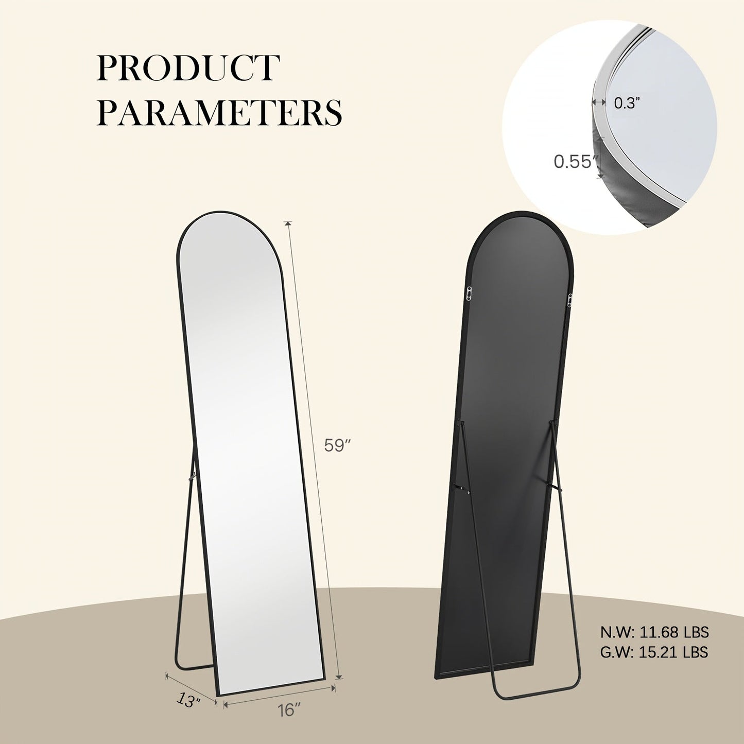 Arched Full Length Mirror with Stand 64x21 / 59x16 Inch, Aluminum Alloy Frame Shatter-Proof Nano Glass Floor Mirror, Standing Full Body Mirror for Bedroom Living Room Cloakroom Wall Decor