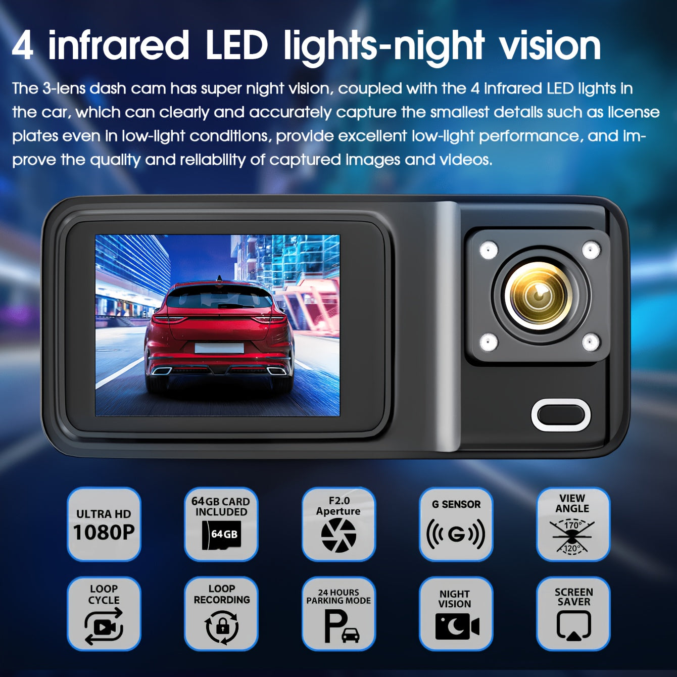 3 Channel Dash Cam Front Rear & Inside 1080P+1080P+1440P – Free 64GB SD Card, Super Night Vision, Loop Recording, G-Sensor, Motion Detection & 24-Hour Parking Mode