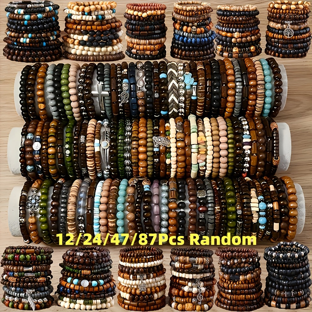 Boho Wood Beaded Bracelet Set – Stackable Elastic Bracelets with Turtle, Cross, Leaf & Feather Charms, Mixed Colors, Choose 12, 24, 47 or 87 Pcs – Perfect for Daily Wear & Gifting