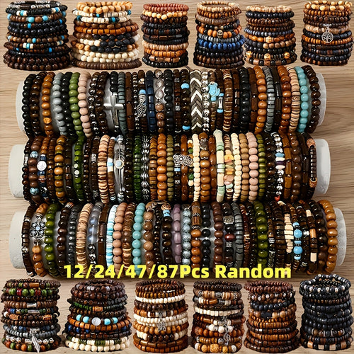 Boho Wood Beaded Bracelet Set – Stackable Elastic Bracelets with Turtle, Cross, Leaf & Feather Charms, Mixed Colors, Choose 12, 24, 47 or 87 Pcs – Perfect for Daily Wear & Gifting