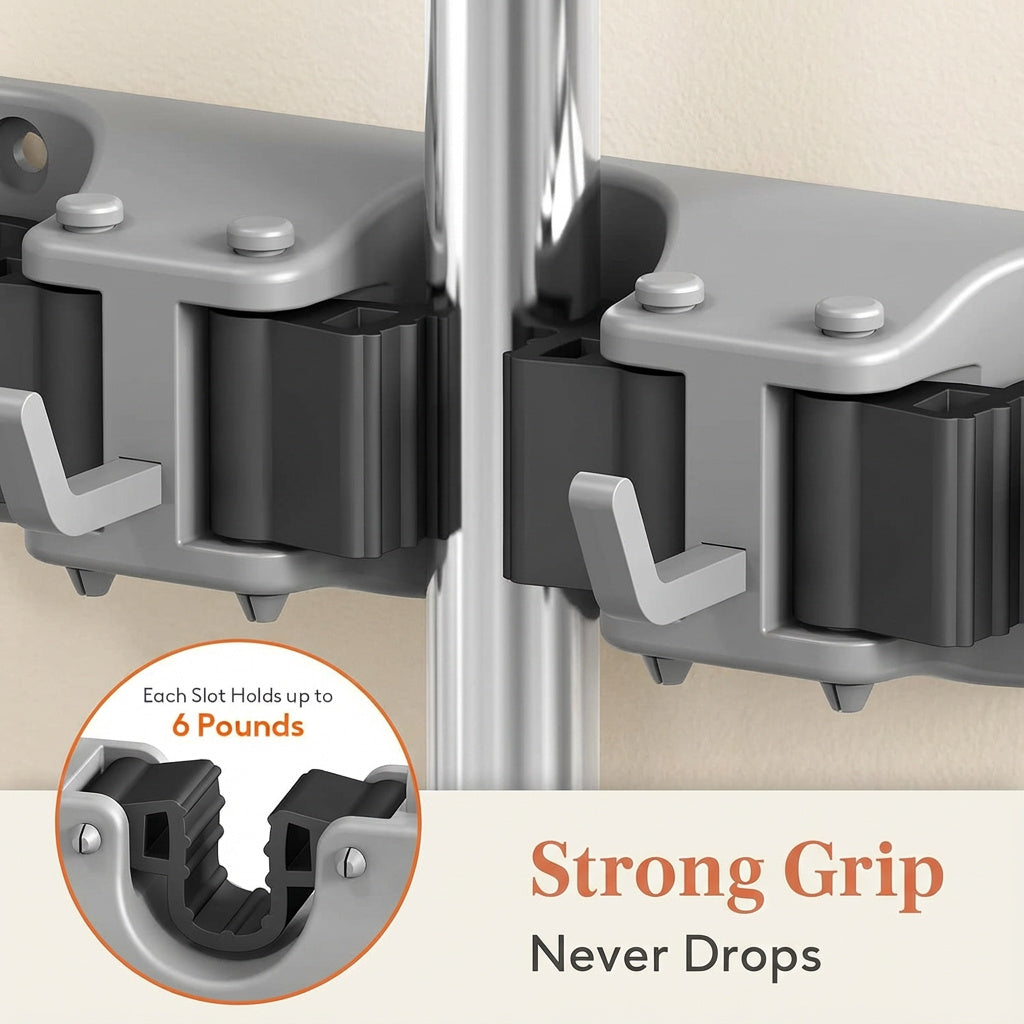 Wall-Mounted Mop and Broom Holder Organizer 5 Slots 6 Hooks Heavy-Duty Non-Slip Cleaning Tool Rack for Home Garage Kitchen Laundry Room Boat – Easy Install on Any Surface