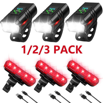 LED Bike Light Set USB-C Rechargeable 1500 Lumen – Front & Rear Bicycle Lights, 6+4 Modes, Waterproof, Power Display, Fast Charging, Safe Night Cycling Light for Road Mountain Bike