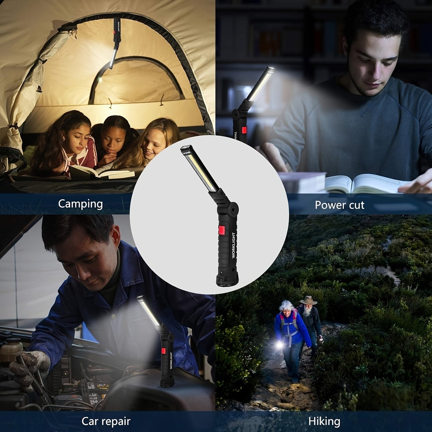 Rechargeable COB LED Work Light with Magnetic Base – 1000 Lumen Portable Camping Flashlight, 5 Modes, USB-C, Hanging Lamp for Garage Yard Emergency Outdoor Use, 2/3/4 Pack