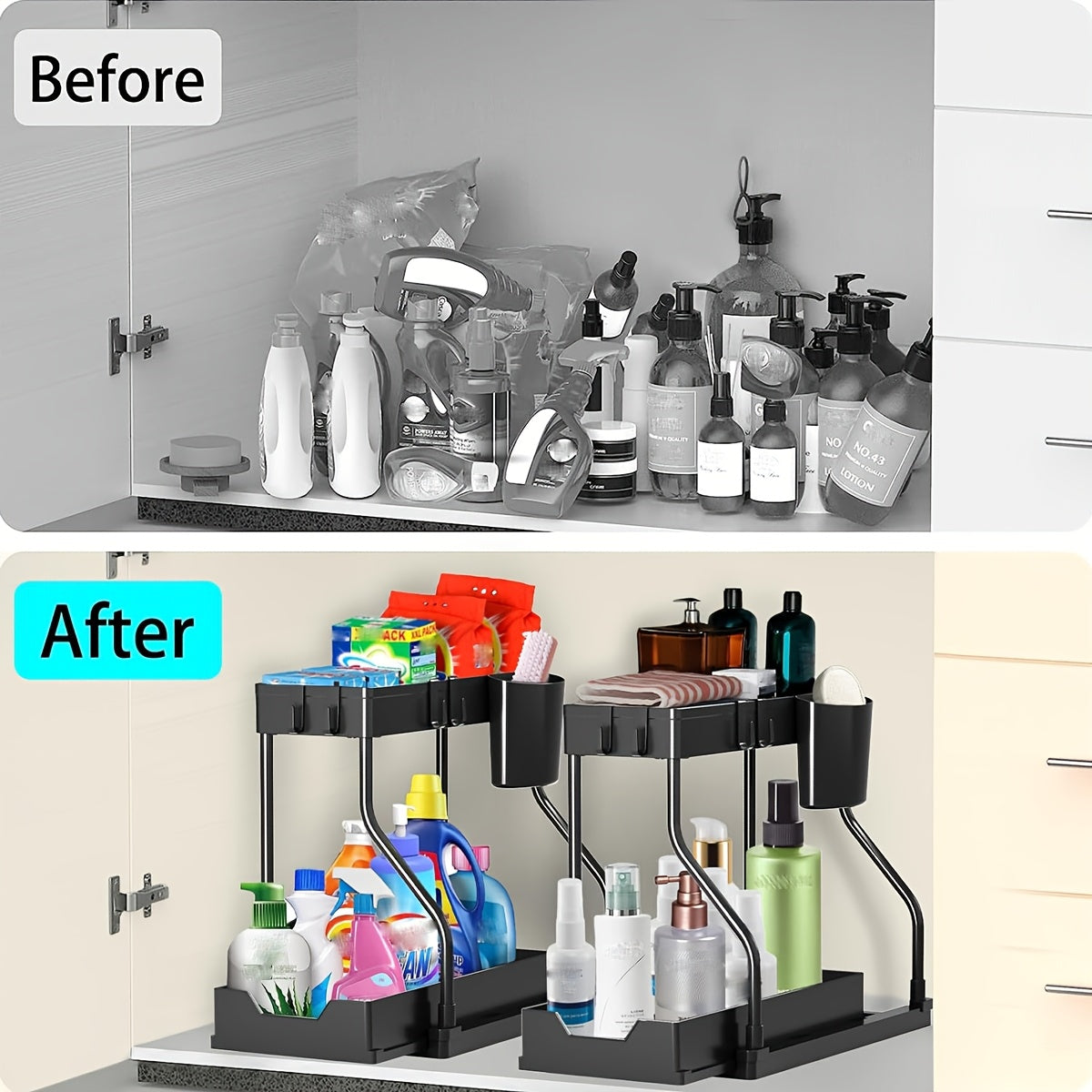2Pcs Under Sink Organizer with Pull-Out Sliding Shelves – Durable Cabinet Storage Rack for Bathroom & Kitchen, Space-Saving Vertical Under-Sink Organization, Available in Black & White