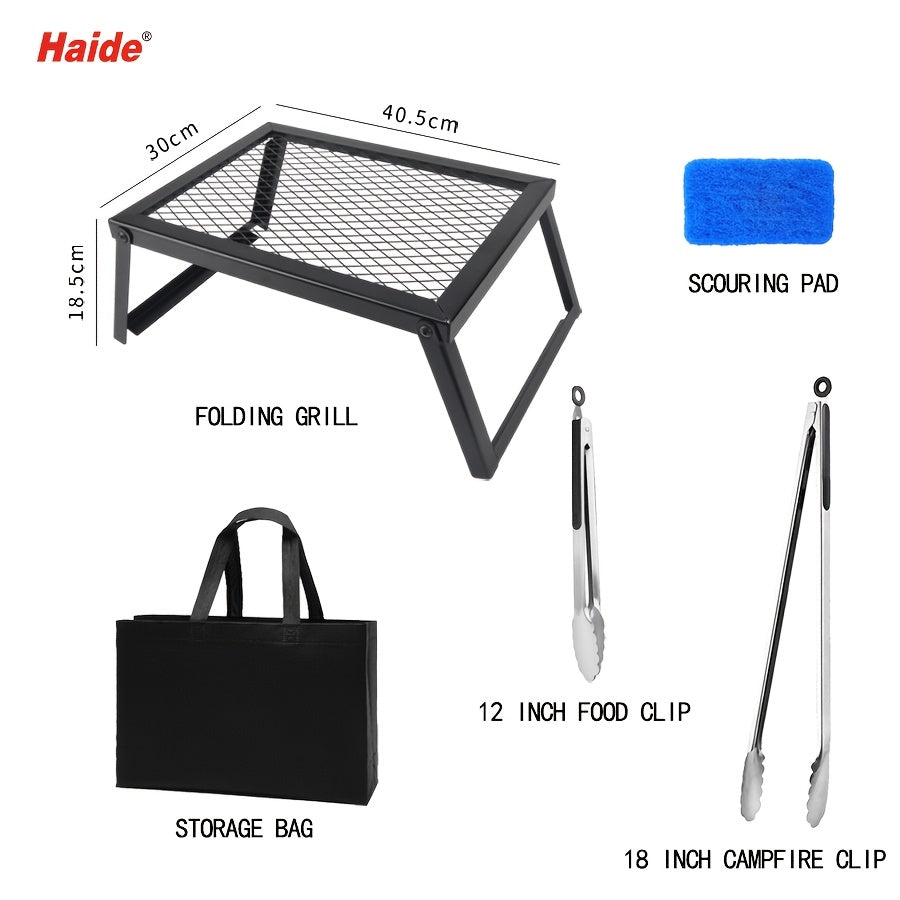 Heavy Duty Bonfire Campfire Grill with Firewood Rack – Outdoor BBQ Grill for Camping, RV, Picnic & Backyard, Includes Storage Bag, Food Clips & Cleaning Cloth, Perfect Men's Gift