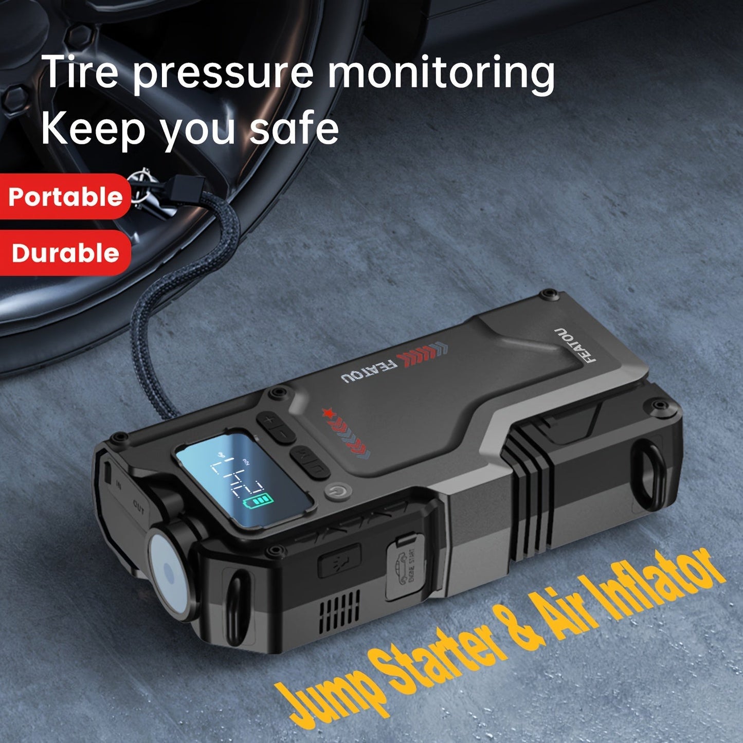 7000A Portable Jump Starter with Air Compressor – 5000A/7000A Peak Battery Pack with 150PSI Digital Tire Inflator, Fits 10L Gas & 2.38gal Diesel, Fast USB Charging & LED Emergency Light