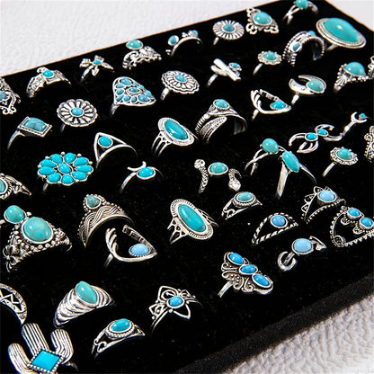28pcs Vintage Bohemian Stackable Ring Set for Women – Turquoise, Geometric, Heart & Butterfly Designs, Adjustable Boho Rings for Everyday Wear, Holiday Parties & Festive Gifts