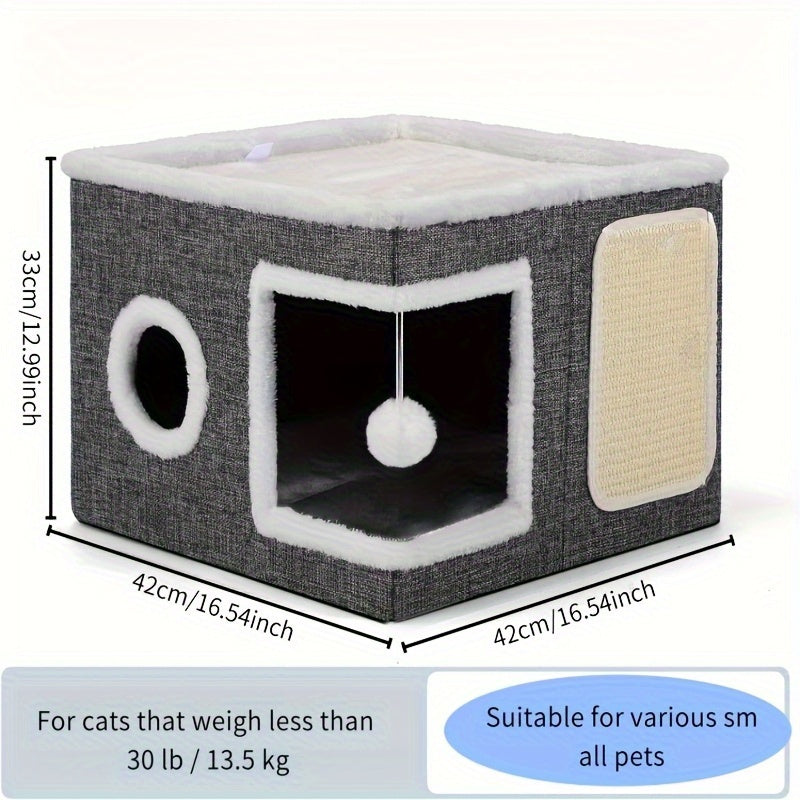 Luxury Multi-Level Cat House Indoor Outdoor 2-Layer Bed Toy Tunnel Foldable Sofa Cat Scratching Board Climbing Rope Soft Cushion Cat Play Cube Weatherproof Nylon Frame Cat Arch Stairs