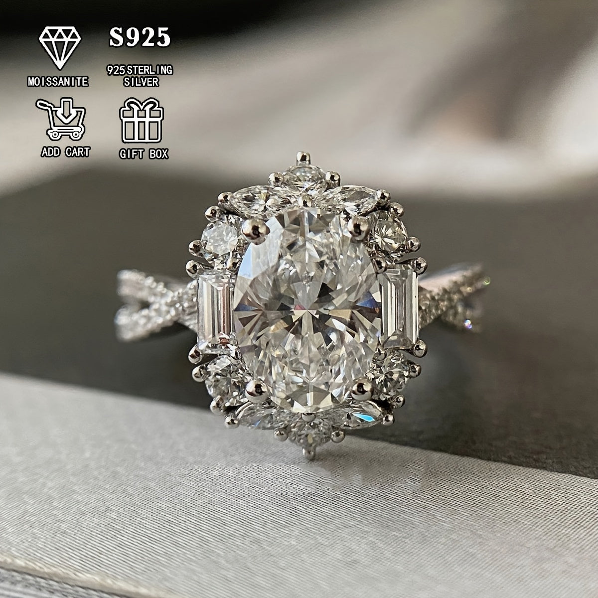 2 Carat Oval Moissanite Engagement Ring S925 Sterling Silver Bohemian Cross Goose Egg Design Hypoallergenic Elegant Wedding Anniversary Gift Ring for Women