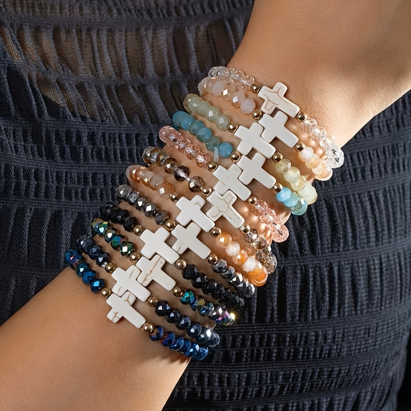 24pc Bohemian Cross Charm Bracelet Set – Colorful Elastic Stretch Bands with Resin & Glass Cross Charms, Bulk Pack for Daily Wear, Vacation, Parties & Holiday Gifting