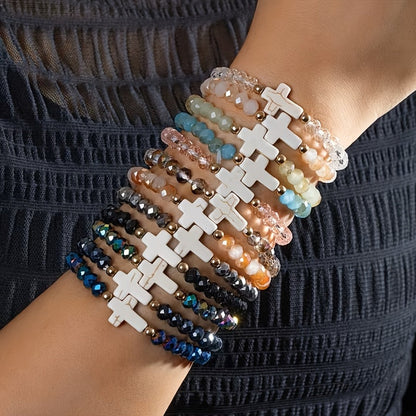 24pc Bohemian Cross Charm Bracelet Set – Colorful Elastic Stretch Bands with Resin & Glass Cross Charms, Bulk Pack for Daily Wear, Vacation, Parties & Holiday Gifting