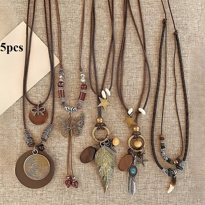 5 Piece Bohemian Layered Necklace Set for Women – Retro Boho Sweater Chain Y-Shaped Necklace with Feather Leaf Butterfly Star Pendants, Fashionable Stackable Jewelry Gift for Daily Wear and Banquets