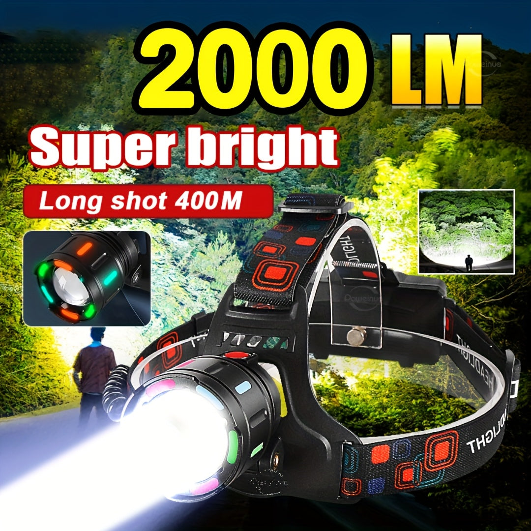 LED Headlamp Rechargeable 4 Modes Adjustable Focal Length 90° Tilt Warning Taillight Camping Hiking Adventure Emergency Repair Work Durable Headlight for Adults