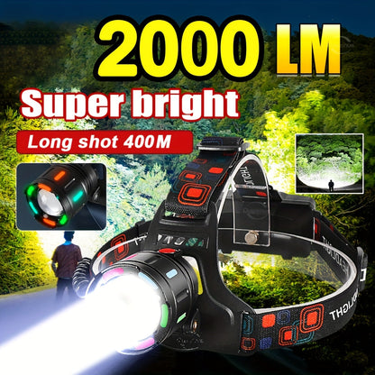 LED Headlamp Rechargeable 4 Modes Adjustable Focal Length 90° Tilt Warning Taillight Camping Hiking Adventure Emergency Repair Work Durable Headlight for Adults