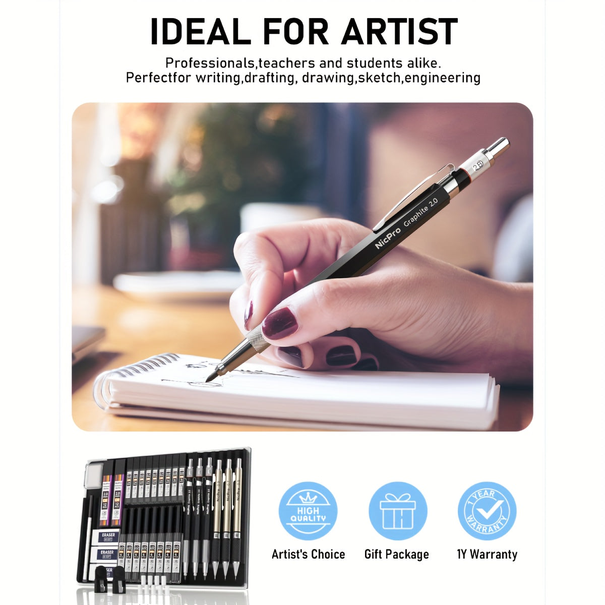 34-Piece Art Mechanical Pencil Set with Case 6 Metal Drafting Pencils 0.5mm 0.7mm 0.9mm 2mm Lead Tips 19 Refill Leads Erasers for Sketching Drawing Artists