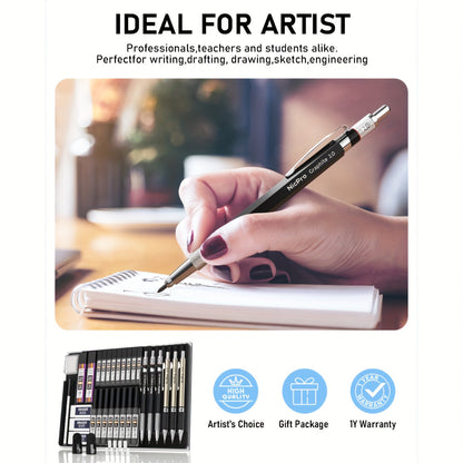 34-Piece Art Mechanical Pencil Set with Case 6 Metal Drafting Pencils 0.5mm 0.7mm 0.9mm 2mm Lead Tips 19 Refill Leads Erasers for Sketching Drawing Artists