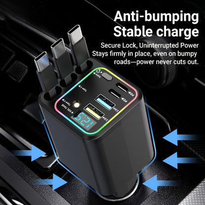 7-in-1 Car Charger with LED Color Light & 3 Retractable Cables – Fast Charging USB Hub, 180° Adjustable, Digital Display, Universal Fit for iPhone Android