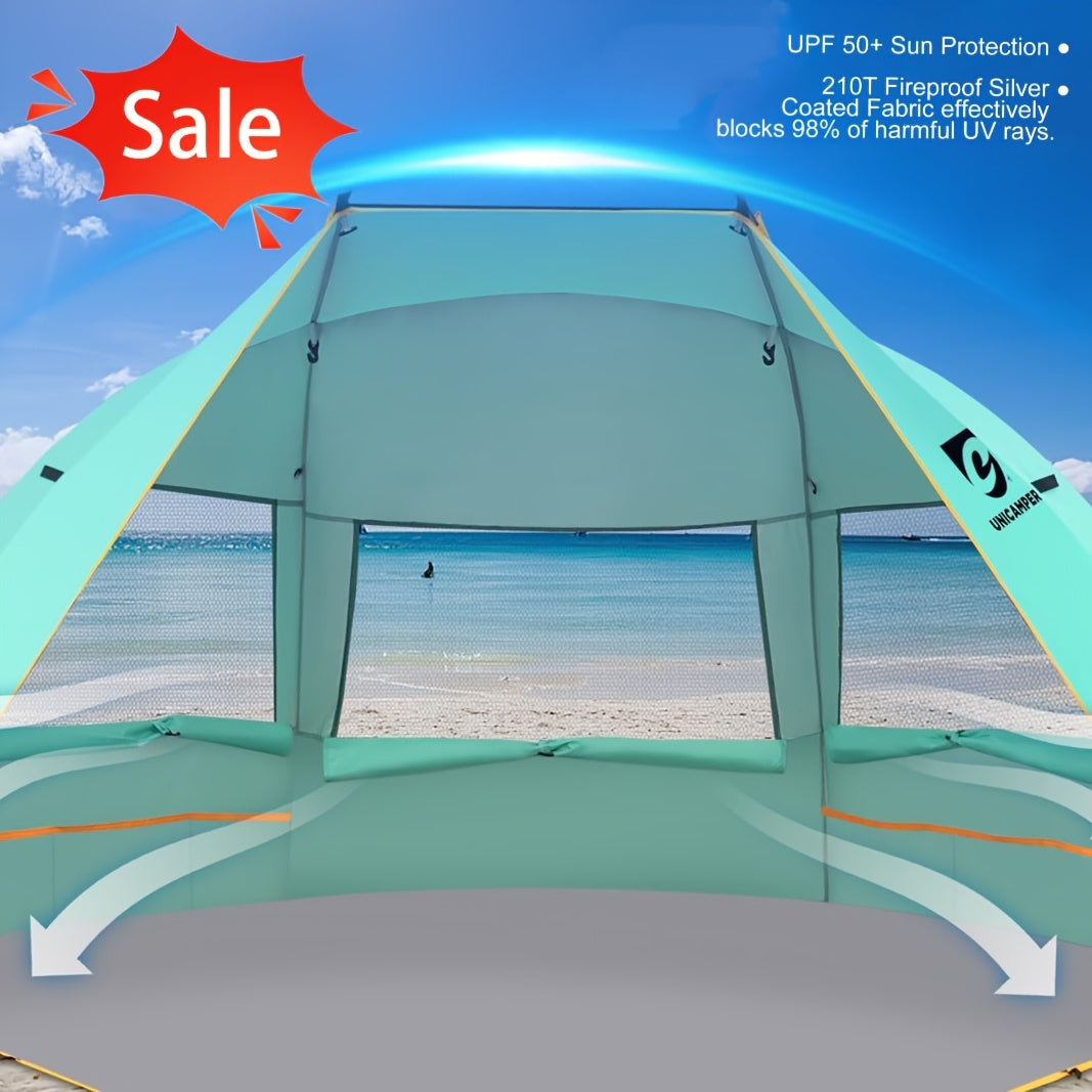 Beach Tent 3 Person UPF 50+ Sun Shelter Portable Waterproof Camping Shade with Extended PE Floor & 3 Mesh Roll-Up Windows – Easy Setup for Beach, Camping, Fishing & Yard (Green, Blue, Orange)
