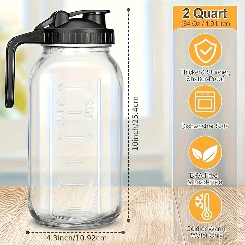 64oz Mason Jar with Handle & Lid – BPA-Free High Borosilicate Glass Beverage Carafe, Leak-Proof, 2/3 Pack, for Sports Outdoor Juice Water Kombucha, Holiday Gift