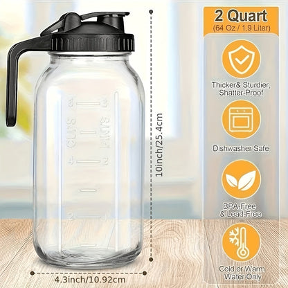 64oz Mason Jar with Handle & Lid – BPA-Free High Borosilicate Glass Beverage Carafe, Leak-Proof, 2/3 Pack, for Sports Outdoor Juice Water Kombucha, Holiday Gift